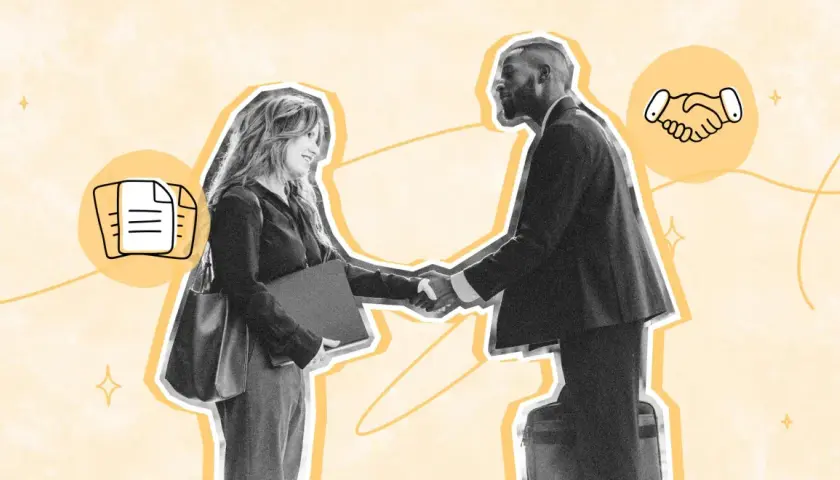 Un hombre y una mujer se dan la mano, simbolizando la contratación electrónica. Iconos de documentos y apretón de manos refuerzan el concepto.