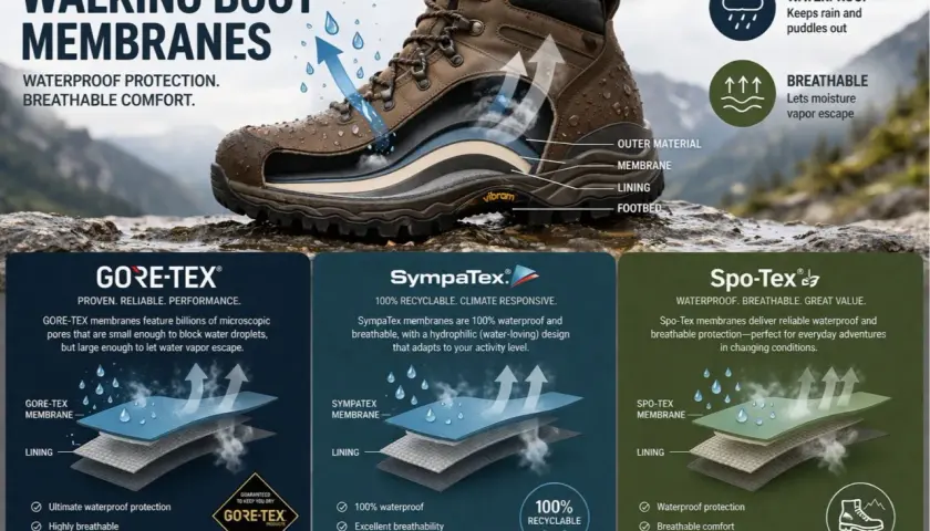 Comparison of walking boot membranes: OutDry vs. Gore-Tex and SympaTex, highlighting waterproof and breathable features for outdoor adventures.