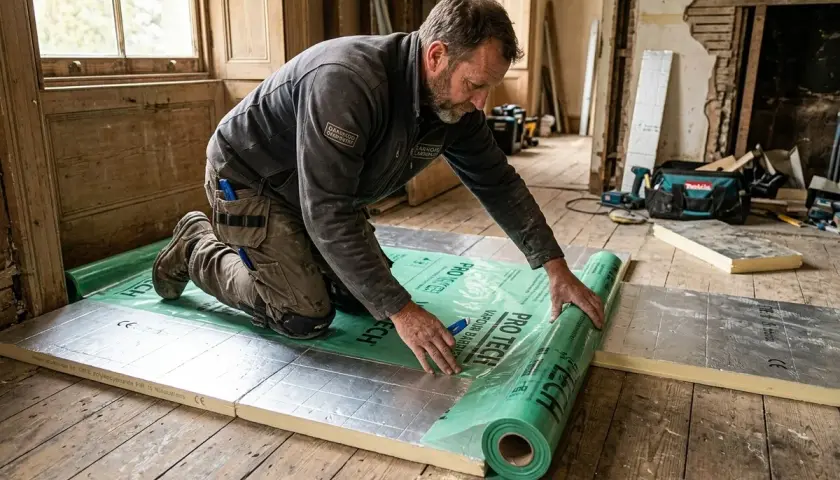 Man rullar ut grön ångspärr för att isolera golv ovanifrån i ett rum under renovering.