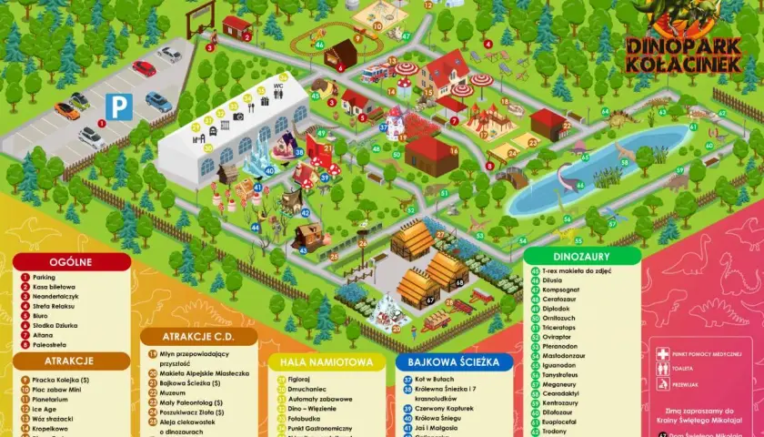 Mapa parku dinozaurów w Kołacinku. Znajdziesz tu parking, atrakcje, hale namiotowe i ścieżkę z dinozaurami.