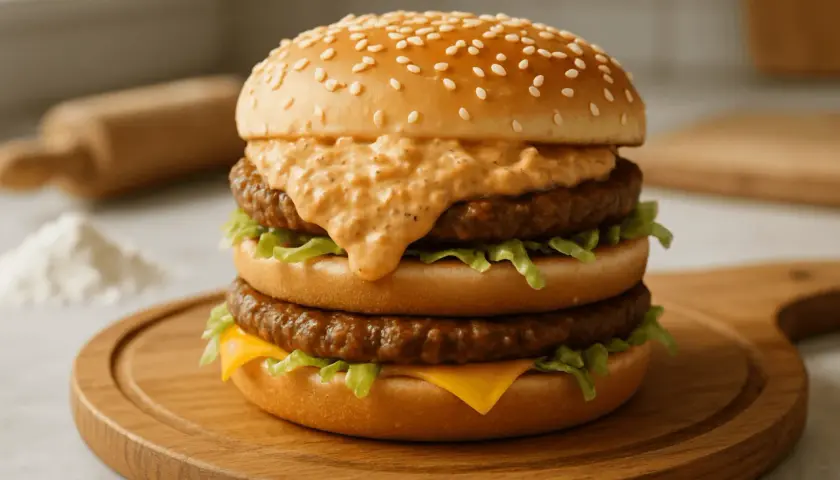 Burger z dwoma kotletami, serem, sałatą i sosem na drewnianej desce.