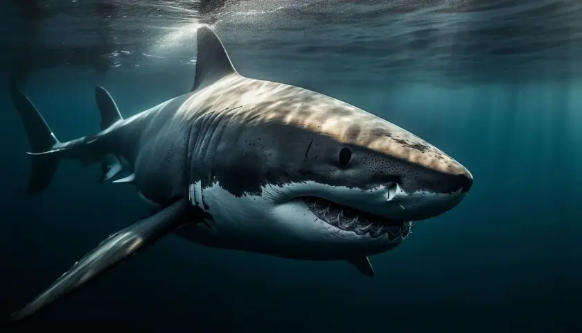 Un gran tiburón blanco nada en aguas oscuras. ¿Qué significa soñar con tiburones? Puede ser un símbolo de poder o de miedos ocultos.
