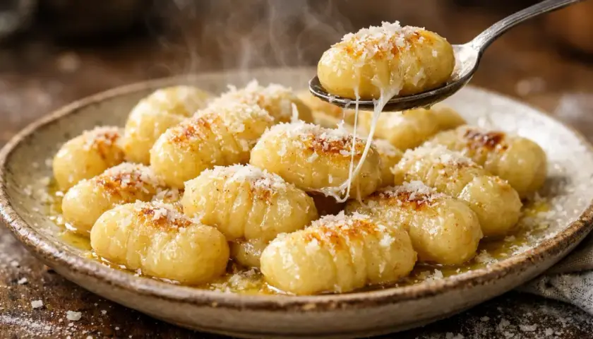 Gnocchi dorés et fumants, saupoudrés de parmesan, prêts à être dégustés. Une recette simple et gourmande.