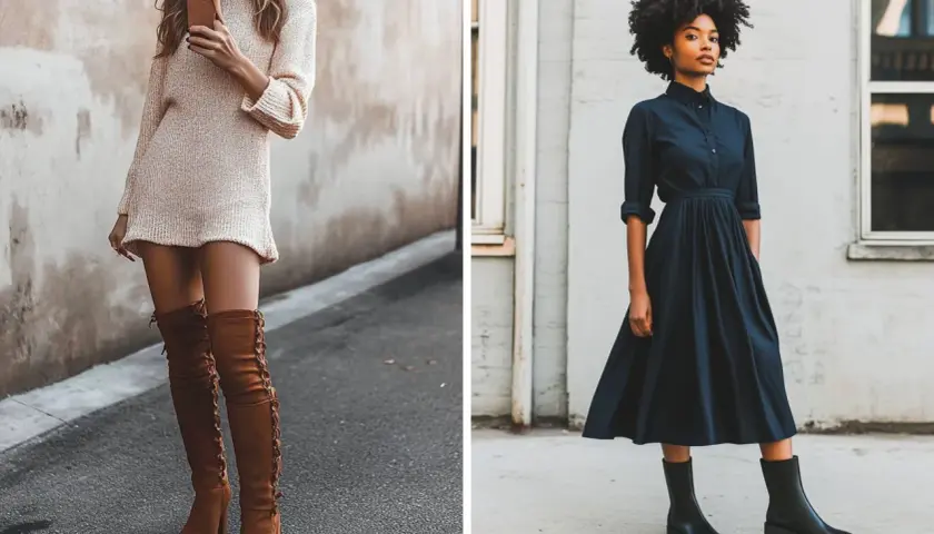 Une femme porte une robe pull courte avec des bottes hautes en daim marron lacées. À côté, une autre femme porte une robe chemise bleu marine avec des bottes noires basses.