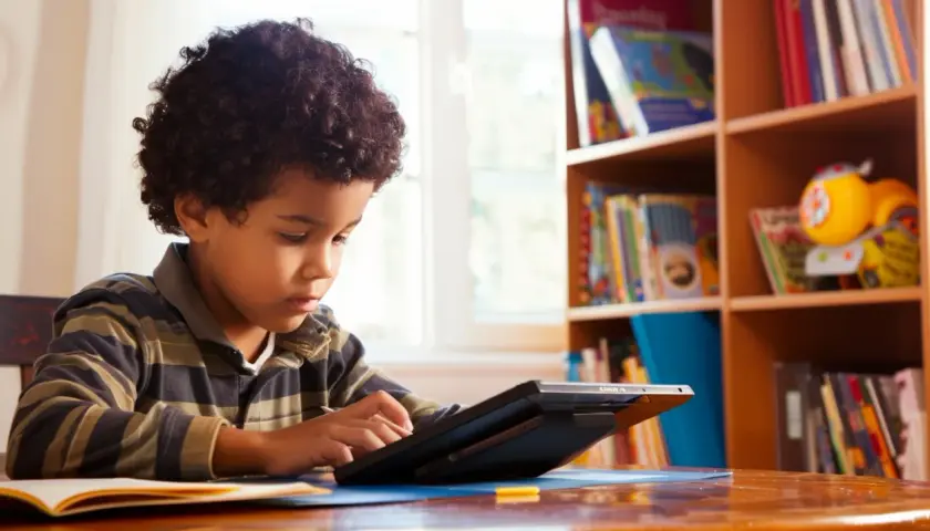 Ein Junge mit lockigem Haar lernt mit Bildungs-Apps auf einem Tablet. Im Hintergrund ein Bücherregal voller Bücher.