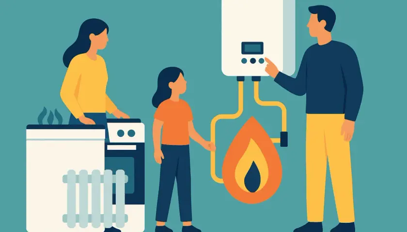 Famiglia che impara a risparmiare gas riscaldamento, con un padre che regola la caldaia e una madre e figlia vicino a un termosifone e fornelli.