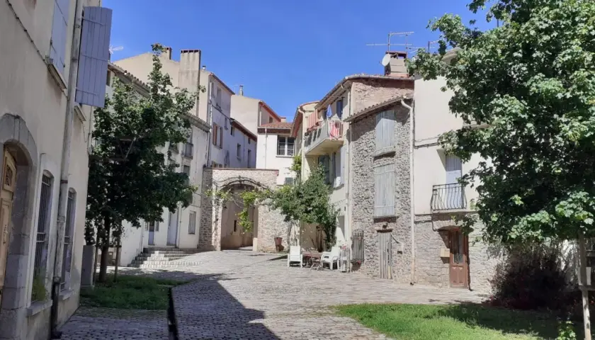 Calle adoquinada en Arles-sur-Tech, con casas de piedra y fachadas blancas, un arco de piedra y árboles frondosos bajo un cielo azul.