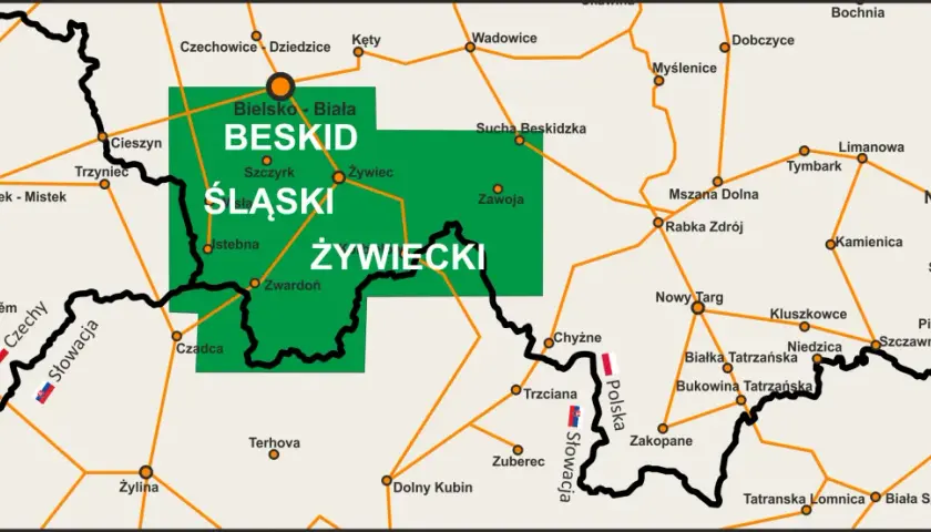 Mapa turystyczna z zaznaczonym obszarem Beskid Śląsko-Morawski, obejmującym m.in. Żywiec i Szczyrk.