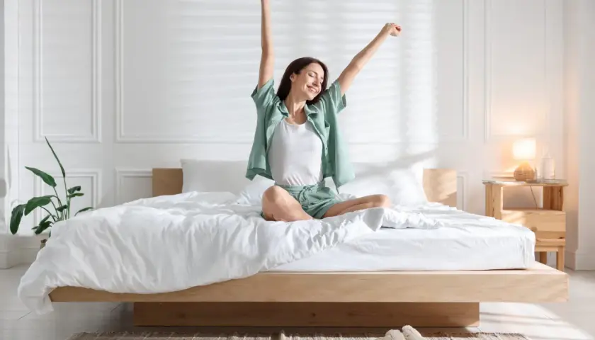 Femme s'étirant sur un lit bas, profitant de la lumière du matin. La faible hauteur du lit crée une ambiance paisible.