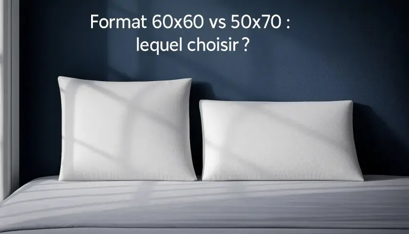 Deux oreillers blancs, un carré (60x60) et un rectangulaire (50x70), sur un lit. Lequel choisir pour un sommeil parfait ?