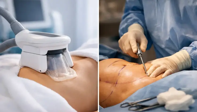 Två bilder visar behandlingar för att ta bort fett på magen. Till vänster en maskin som kyler fettceller, till höger en kirurg som utför fettsugning.