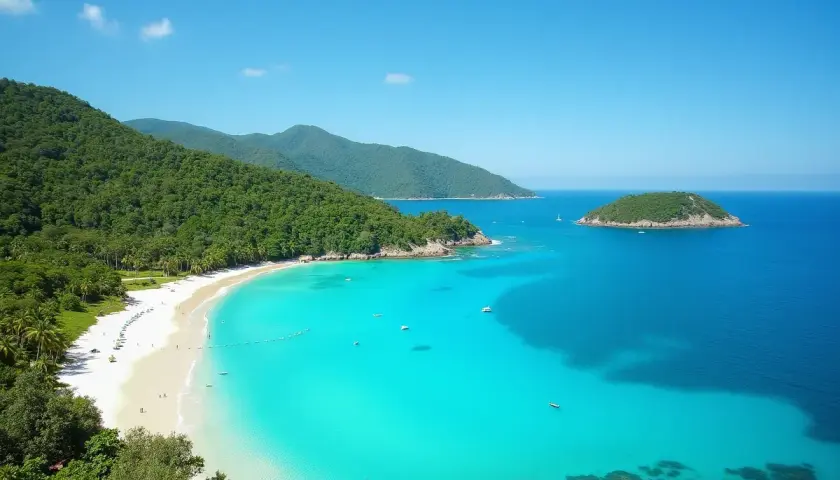 Rajska plaża z turkusową wodą i zielonymi wzgórzami. Idealne miejsce na wakacje. Filipiny kiedy jechać? Najlepiej w porze suchej, od listopada do maja.
