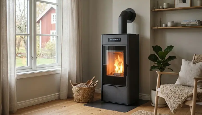 En modern pelletskamin med flammor som lyser upp rummet. Bredvid står en korg fylld med pellets, redo för en mysig kväll. Tänk på pelletskamin pris för en varm och effektiv uppvärmning.