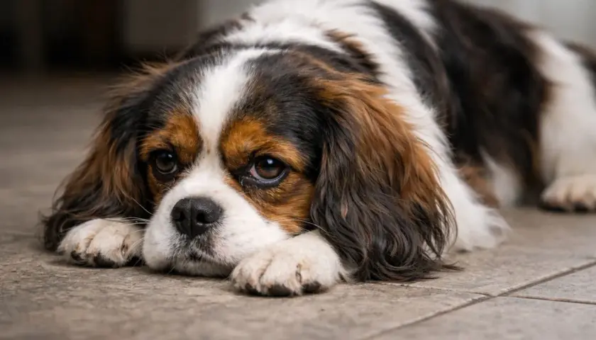 Smutny piesek Cavalier King Charles Spaniel leży na podłodze. Jego oczy wydają się wilgotne, co może być jednym z objawów włosogłówki.