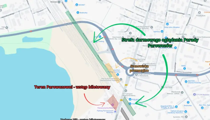 Mapa z zaznaczonymi trasami i strefami wokół parowozowni w Wolsztynie.