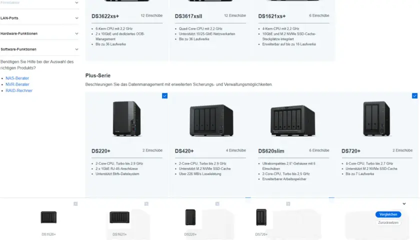 NAS-Hersteller-Übersicht: Mehrere NAS-Geräte wie DS220+, DS420+ und DS720+ werden gezeigt.
