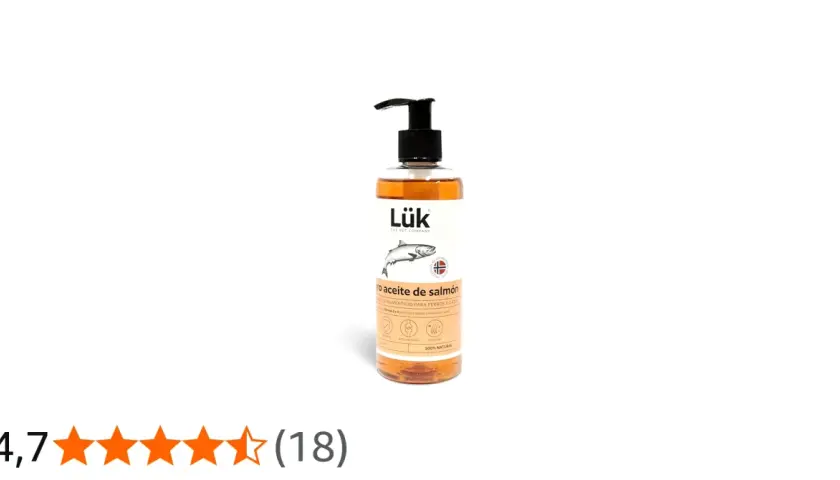 Botella de aceite de salmón Lük para perros y gatos. Ideal para la dosis diaria de Omega 3 y 6, cuidando pelo y articulaciones.