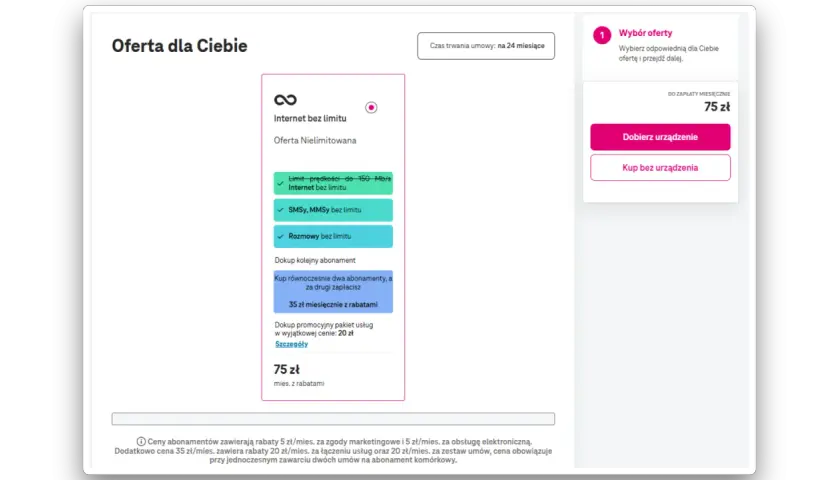 T-Mobile oferta dla stałych klientów: nielimitowany internet, SMS, MMS i rozmowy za 75 zł miesięcznie. Umowa na 24 miesiące.
