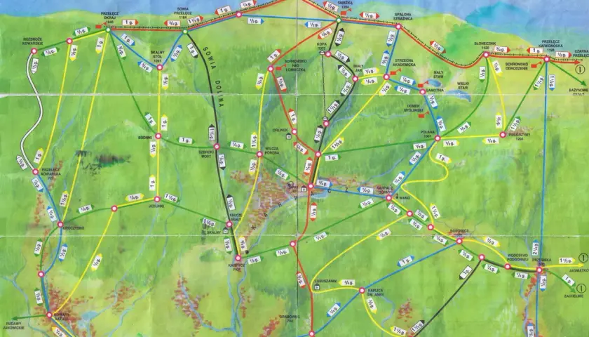 Mapa szlaków turystycznych Karkonoszy, region Karpacza. Znajdziesz tu szlaki prowadzące do Śnieżki, Słonecznika i innych malowniczych miejsc.