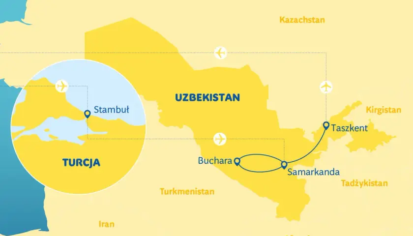 Mapa pokazuje trasę podróży z Turcji do Uzbekistanu, z zaznaczonymi miastami: Stambuł, Taszkent, Samarkanda i Buchara. To świetny plan, co zobaczyć w Uzbekistanie!