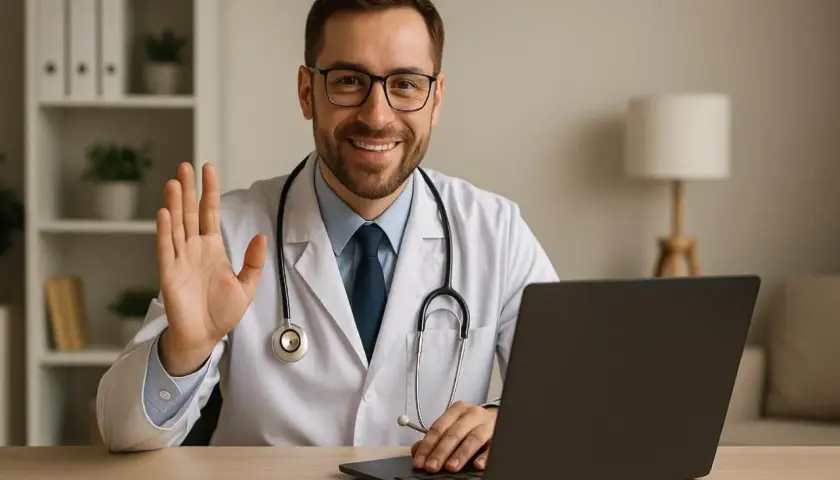 Lekarz w białym kitlu wita pacjenta podczas teleporady. Uśmiecha się, machając ręką, a przed nim leży laptop.