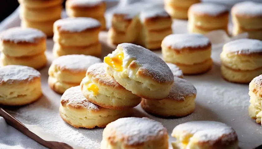 Des biscuits cuillères moelleux, saupoudrés de sucre glace, certains garnis d'une crème jaune vif. Un délice à savourer !