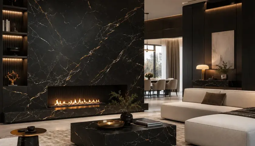 Elegante soggiorno con camino in marmo nero e oro, tavolino coordinato e divano chiaro. L'arredamento è moderno e sofisticato.