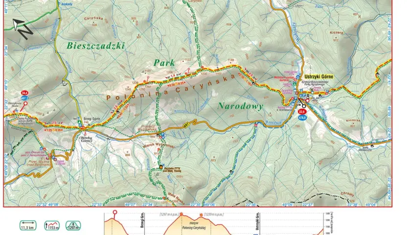 Mapa szlaku GSB: Bieszczady, Połonina Caryńska, Ustrzyki Górne. Etapy i profile wysokościowe.