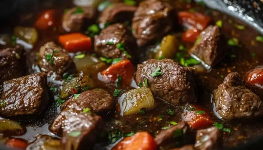 Gros morceaux de bœuf mijotant dans une sauce riche avec des carottes et des oignons. Un plat de boeuf bourguignon réconfortant et savoureux.