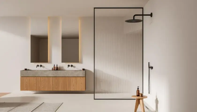 Salle de bain moderne avec double vasque et douche à l'italienne. L'ambiance est épurée, invitant à installer une douche à l'italienne.