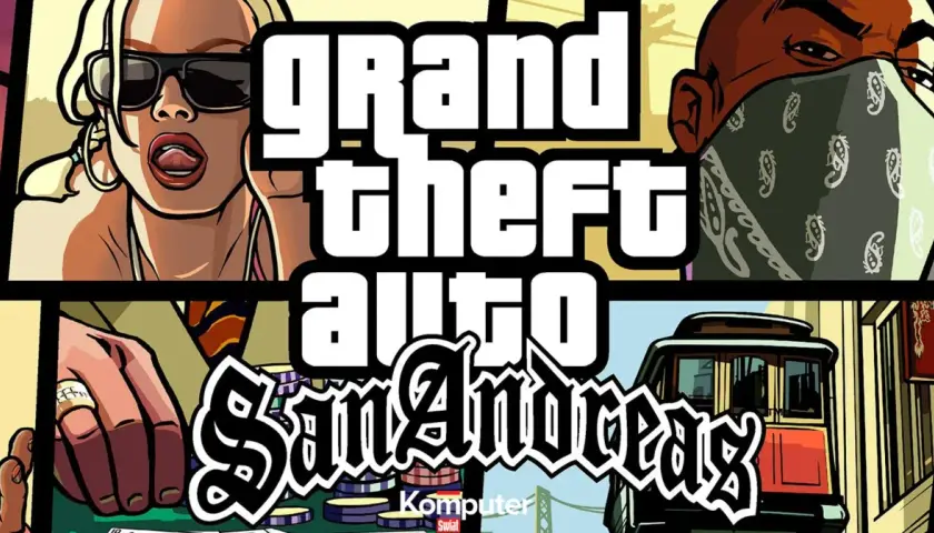 Kobieta w okularach, mężczyzna w bandanie, ręka z pierścionkiem i tramwaj. To wszystko w stylu GTA San Andreas, gdzie można użyć kodu aezakmi.