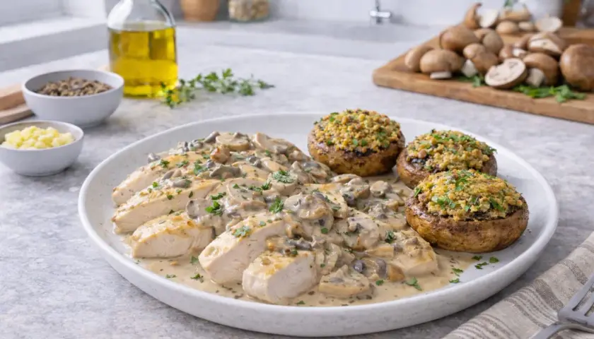 Délicieuse recette filet de poulet en sauce crémeuse aux champignons, accompagnée de champignons farcis.