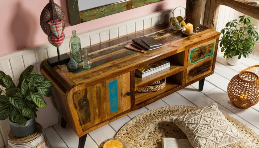 Rustikales deko tv board aus recyceltem Holz mit bunten Akzenten, Spiegel und Deko-Objekten.