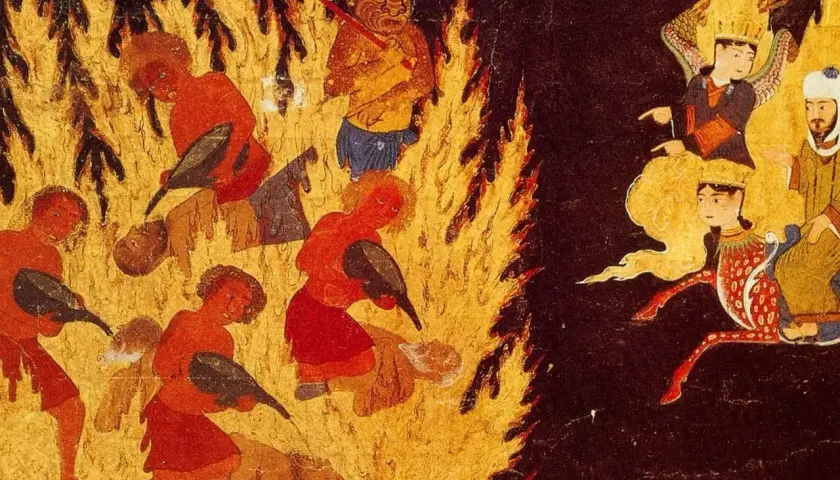 Människor plågas i flammor av demoner. Till höger sitter änglar och en man i en mörk scen, en skildring av muslimsk helveteseld.