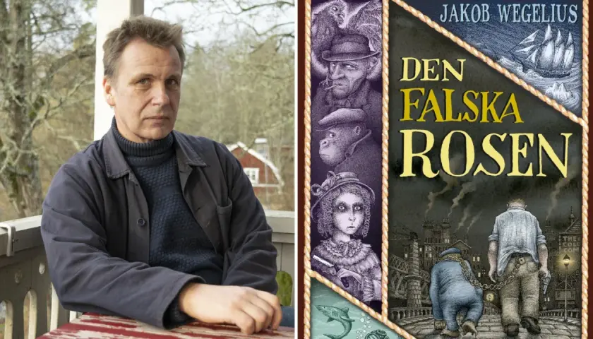 Jakob Wegelius, författaren till "Den falska rosen", porträtterad bredvid bokomslaget med en dramatisk illustration av en fartygsresa och mystiska figurer.