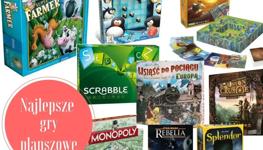 Kolaż pudełek z grami planszowymi dla dzieci: Super Farmer, Pingwiny na lodzie, Dixit, Scrabble, Wsiąść do pociągu, Robinson Crusoe, Rebelia, Splendor, Monopoly.