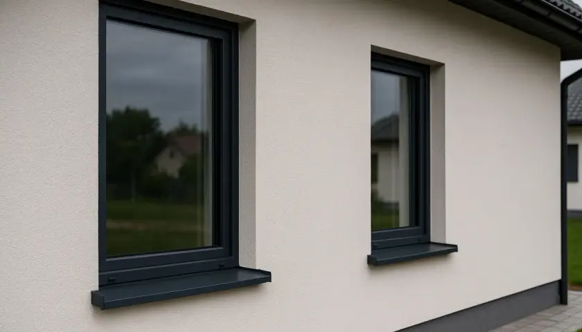 Nowoczesne okna z ciemnoszarymi ramami i parapetami zewnętrznymi, wykonanymi z trwałego materiału, idealnie komponują się z jasną elewacją domu.