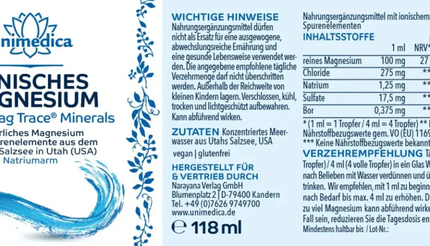 Unimedica Ionisches Magnesium: Natürliches Magnesium und Spurenelemente aus dem Großen Salzsee in Utah (USA). Enthält elementares Magnesium.