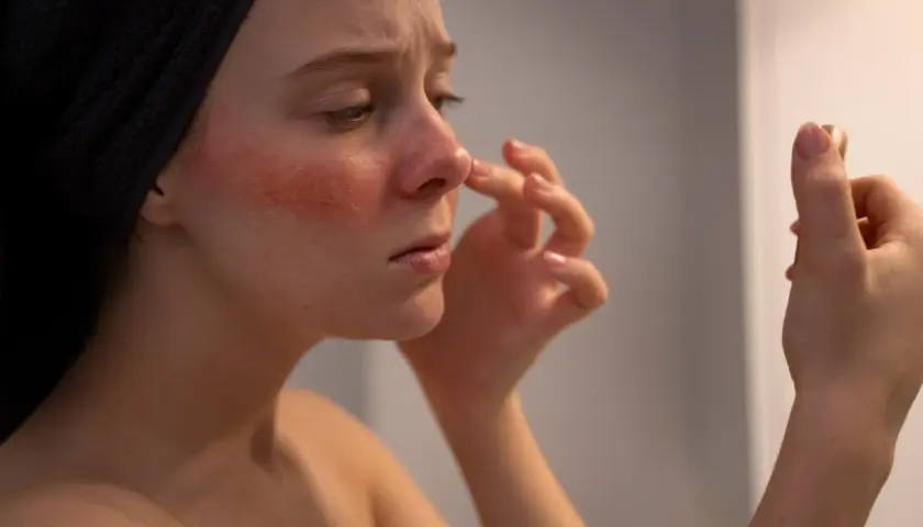 Młoda kobieta z zaczerwienioną twarzą od czegoś, dotyka nosa, zmartwiona.