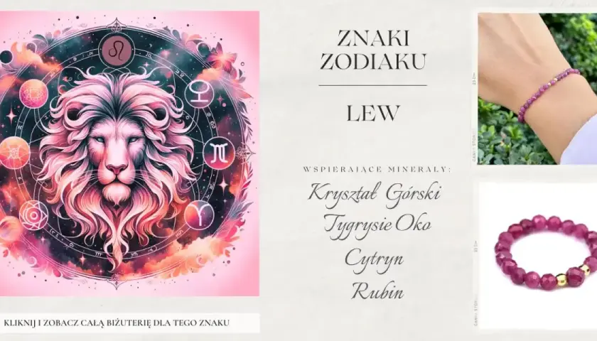 Lew znak zodiaku charakterystyka: majestatyczny lew w otoczeniu symboli zodiaku, wspierające minerały: Kryształ Górski, Tygrysie Oko, Cytryn, Rubin.