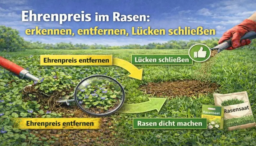 Ehrenpreis im Rasen erkennen und entfernen. Mit Rasensamen Lücken schließen für einen dichten Rasen.