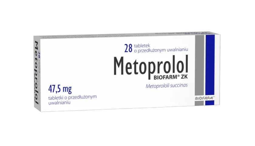 Opakowanie leku Metoprolol 47,5 mg, zawierające 28 tabletek o przedłużonym uwalnianiu.