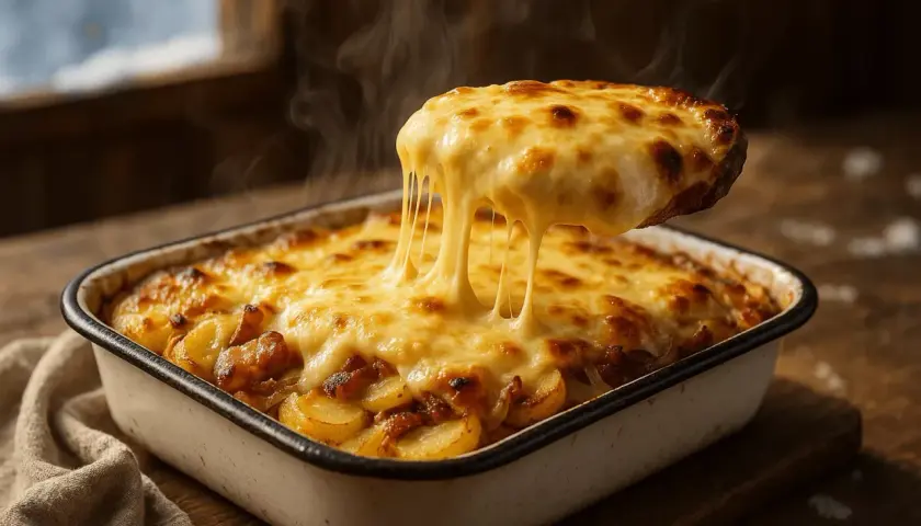 Une portion de vrai tartiflette fumante, avec son fromage fondant qui s'étire. Un plat réconfortant et gourmand.