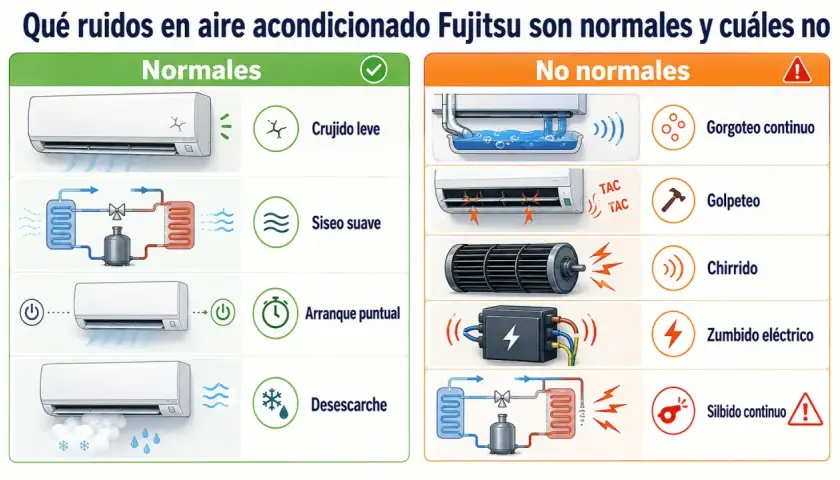 Diagrama de aire acondicionado Fujitsu: ruidos normales (crujido, siseo, arranque, desescarche) y no normales (gorgoteo, golpeteo, chirrido, zumbido, silbido).