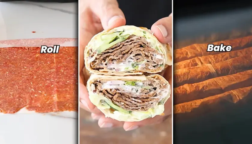 Trzy etapy przygotowania domowego kebaba: mielone mięso, przekrojony kebab w tortilli i pieczone rolady.