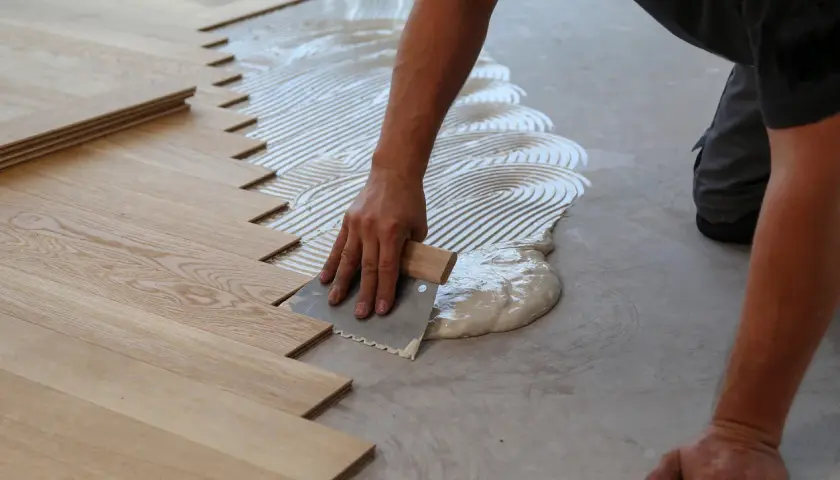 Mano stende colla per parquet incollato. Listelli di legno pronti per essere posati.