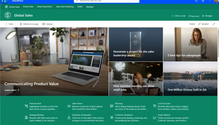 Page d'accueil SharePoint "Global Sales" avec des articles sur la communication de la valeur produit, le leadership commercial et les ventes.