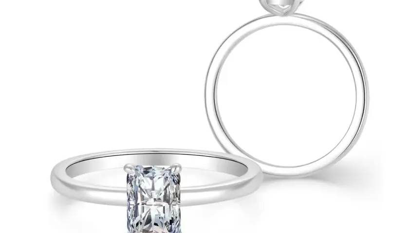Zwei Ringe mit Diamanten: ein Ring mit einem rechteckigen Diamanten, der die Frage "wie viel ist 1 karat diamant wert" aufwirft, und ein weiterer Ring mit einem runden Diamanten.