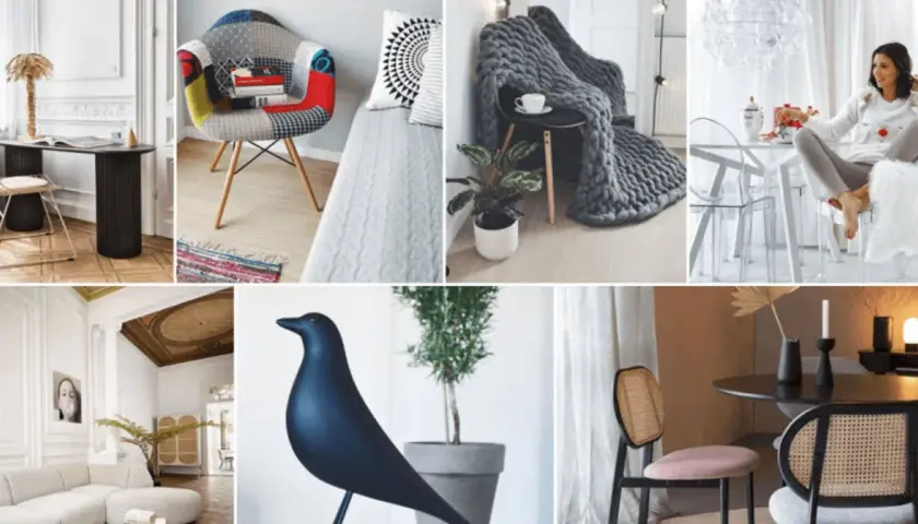 Inspiracje jak mieszkają polskie gwiazdy: stylowe biurko, patchworkowy fotel, przytulny kącik z kocem, elegancka jadalnia, nowoczesny salon i designerskie krzesła.