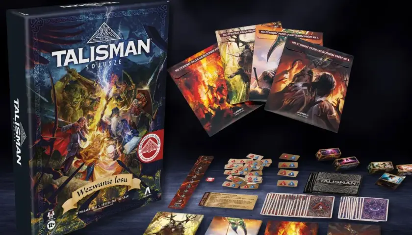 Pudełko gry Talisman: Sojusze i dodatkowe karty. W tle widać ilustrację z mieczem anielskiego sojuszu, otoczoną przez bohaterów i potwory.
